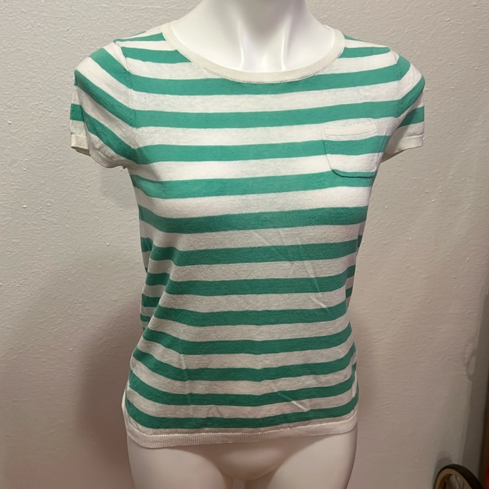 Loft Green White Striped Linen Cotton Shirt Sz S